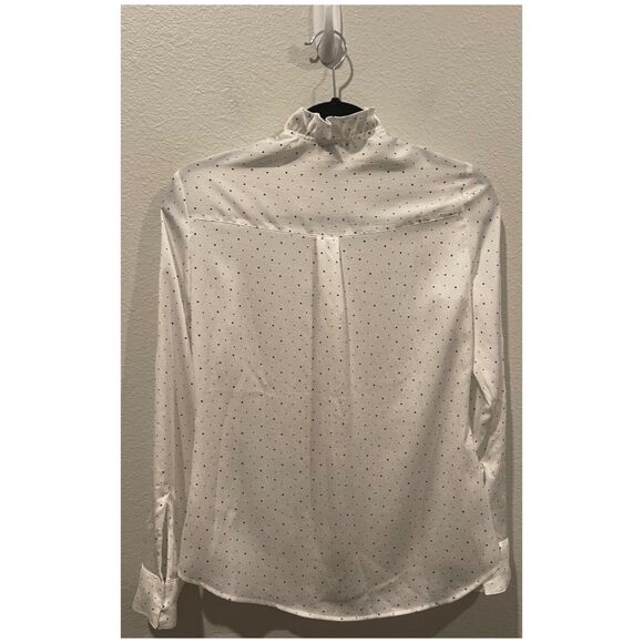 EXPRESS Slim Polka Dot Ruffle Neck Antique White Blouse - Picture 6 of 6